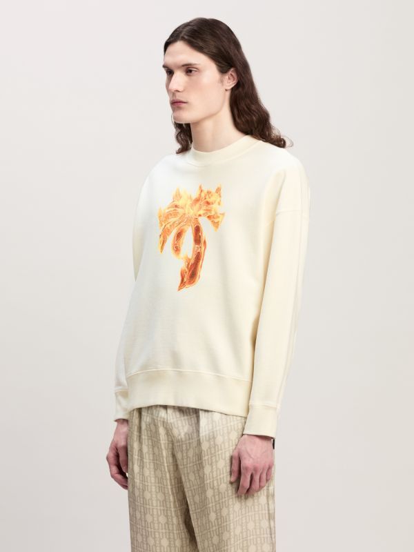 Palm Angels White Crewneck Sweatshirt With Burning Logo Print In Cotton Man In White