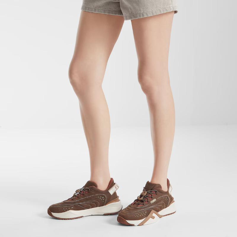 Fendi Flow Brown Mesh And Nubuck Leather Low Tops In Brown