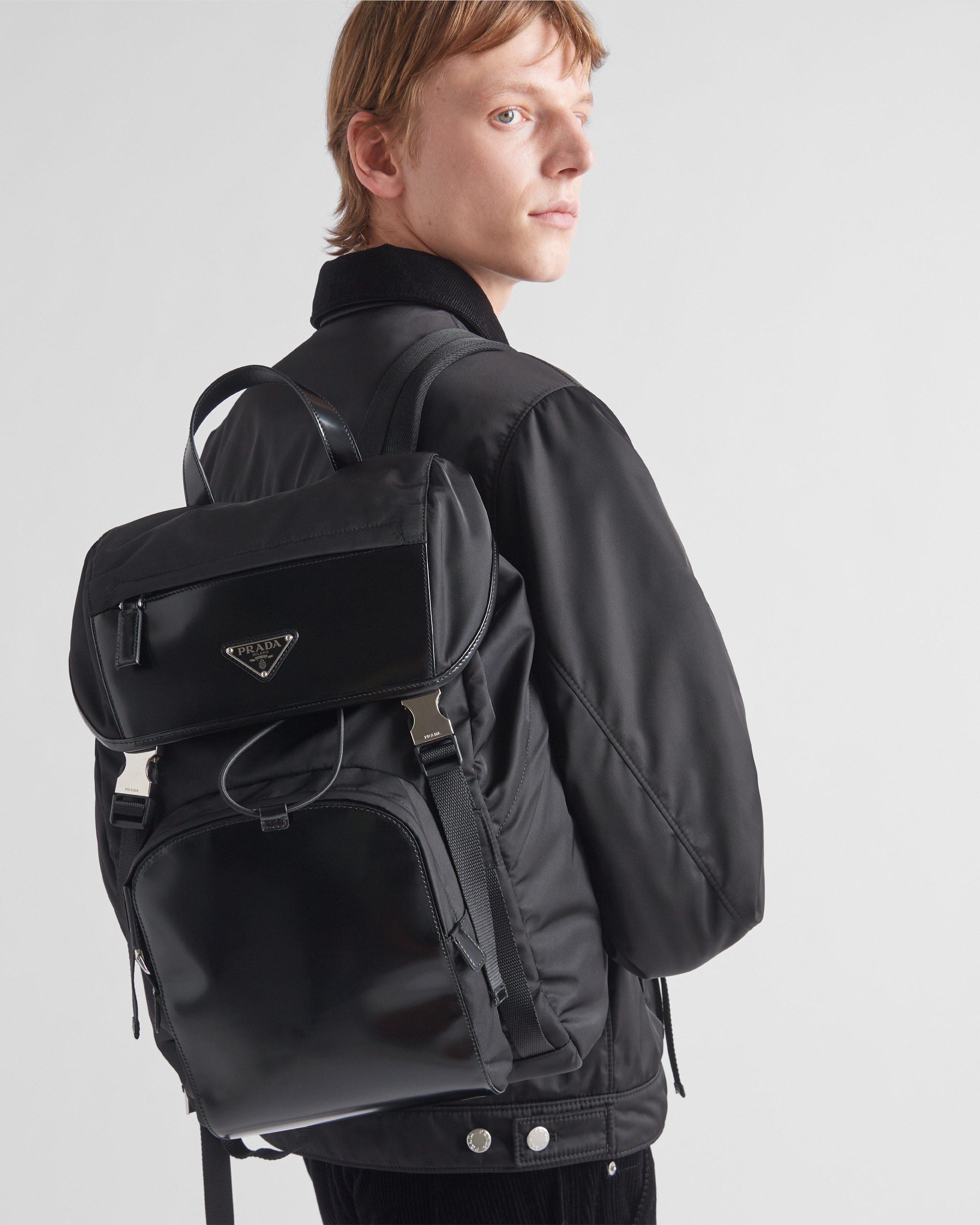 Prada Re-nylon And Brushed Leather Backpack In Black