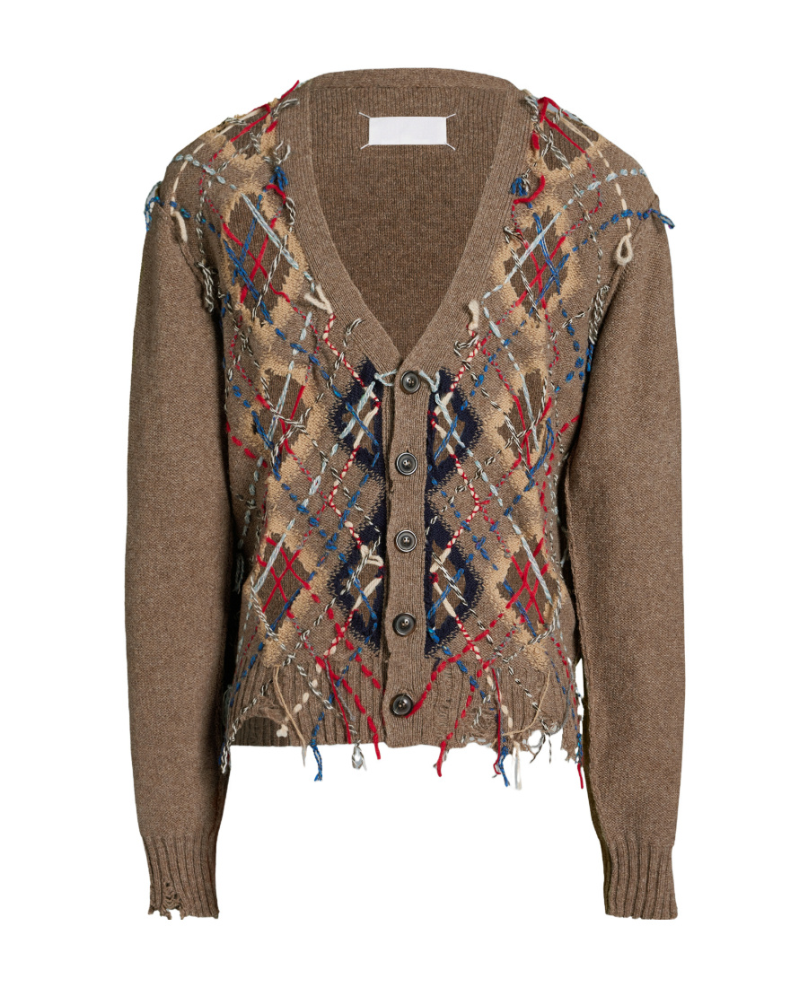 Maison Margiela Decorative-stitching Patterned-intarsia Cardigan In Brown