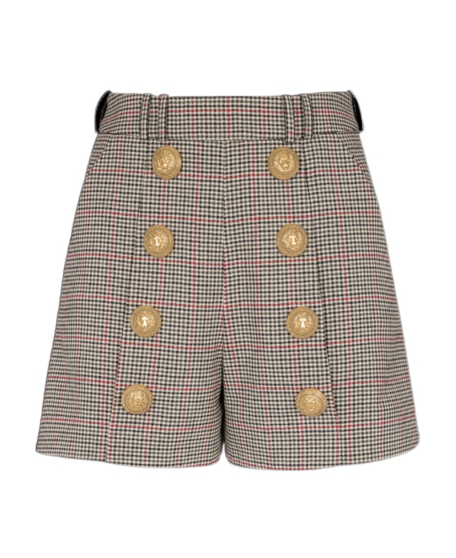 Balmain Checked Wool Blend High Rise Shorts In Gray