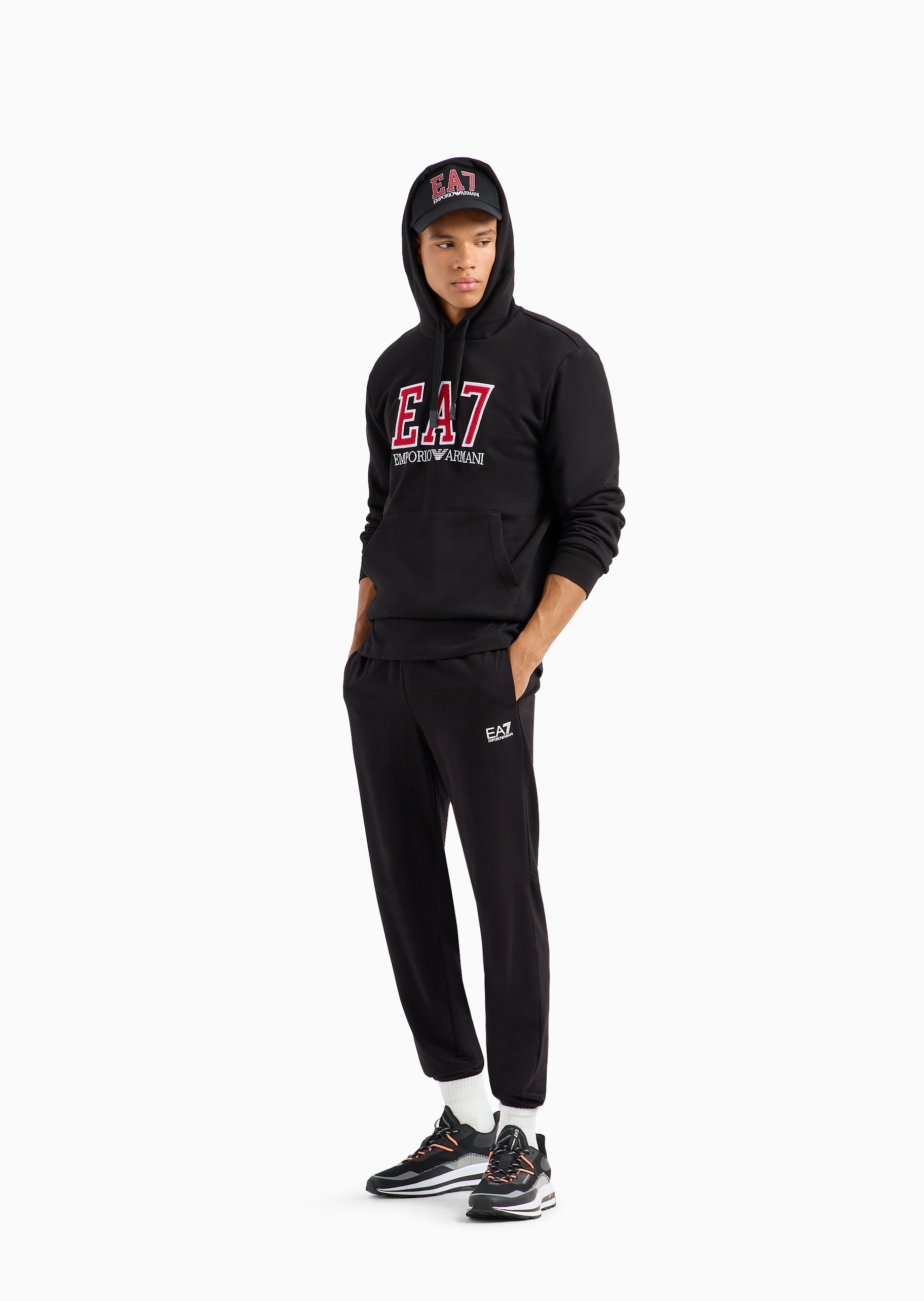 Ea7 Logo-print Cotton-blend Hoodie In Black