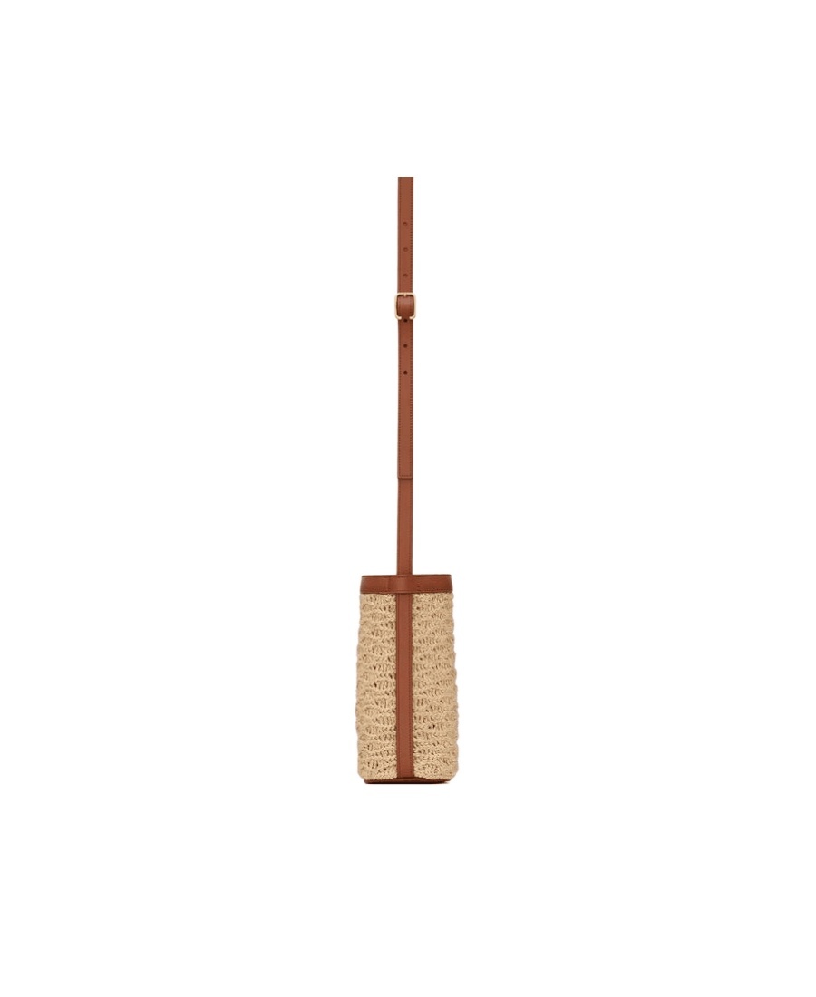 Saint Laurent Bottle Holder In Raffia Crochet And Smooth Leather In Nude