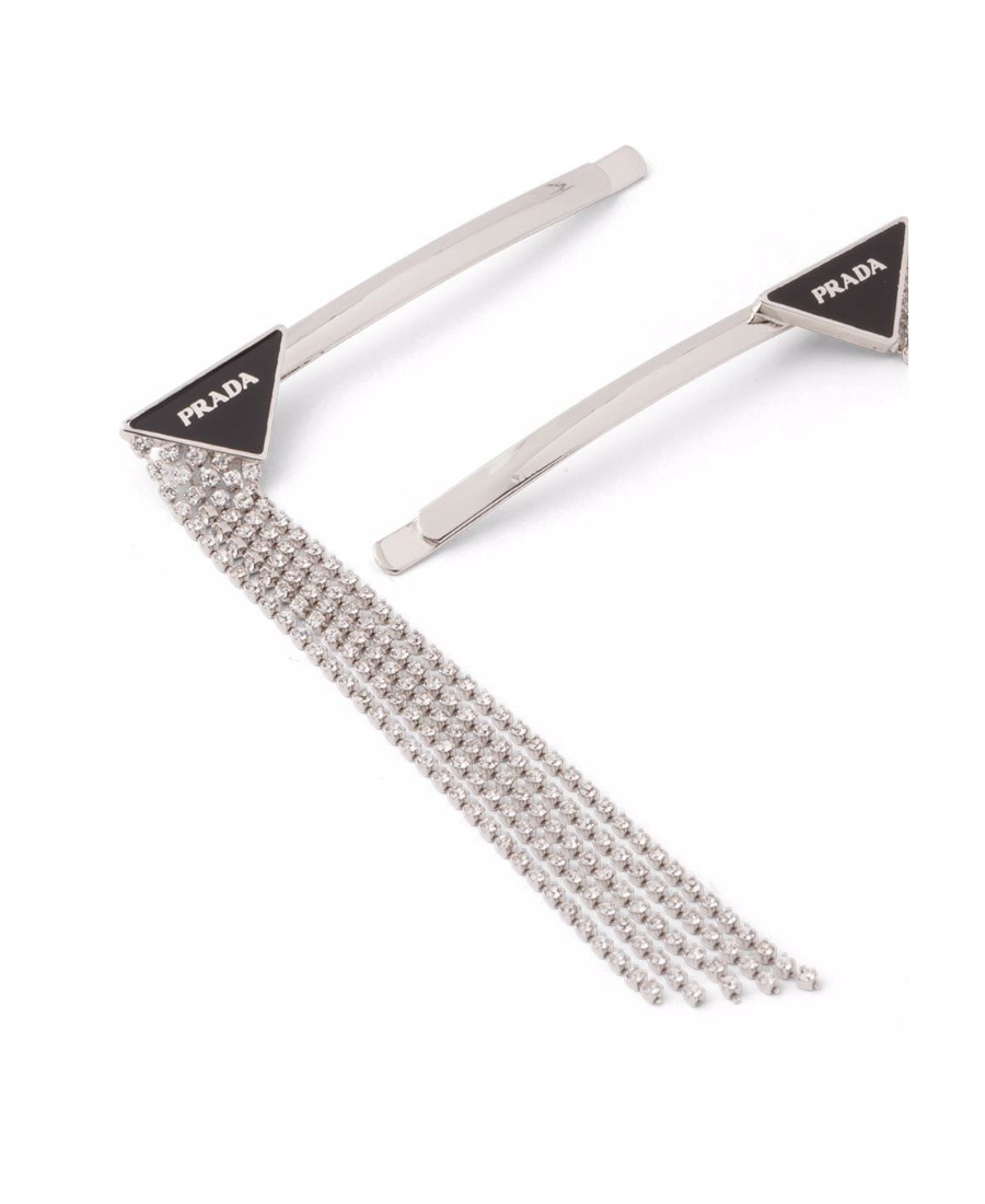 Prada Rhinestone-embellished Triangle Logo Hairpin Set In White