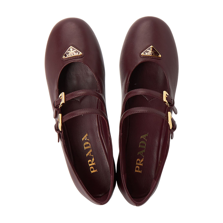 Prada Triangle Logo Leather Ballet Flats In Brown