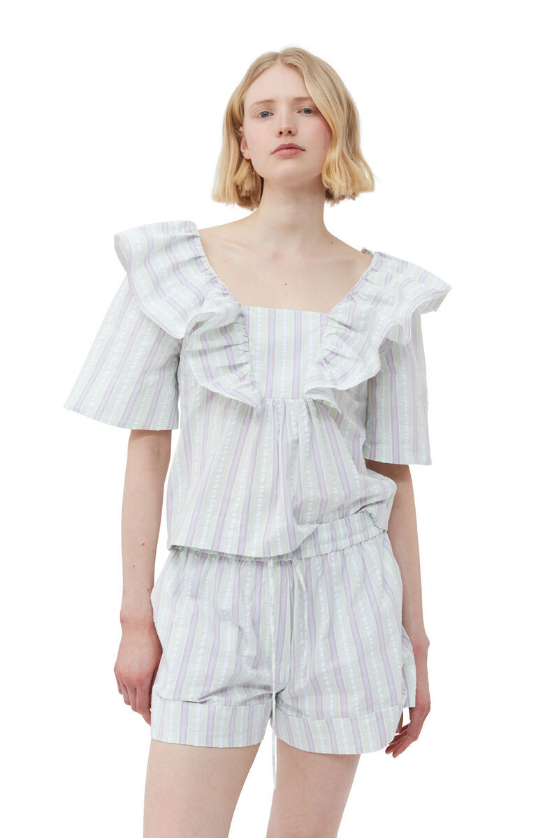 Ganni Striped Seersucker Ruffle Blouse In White