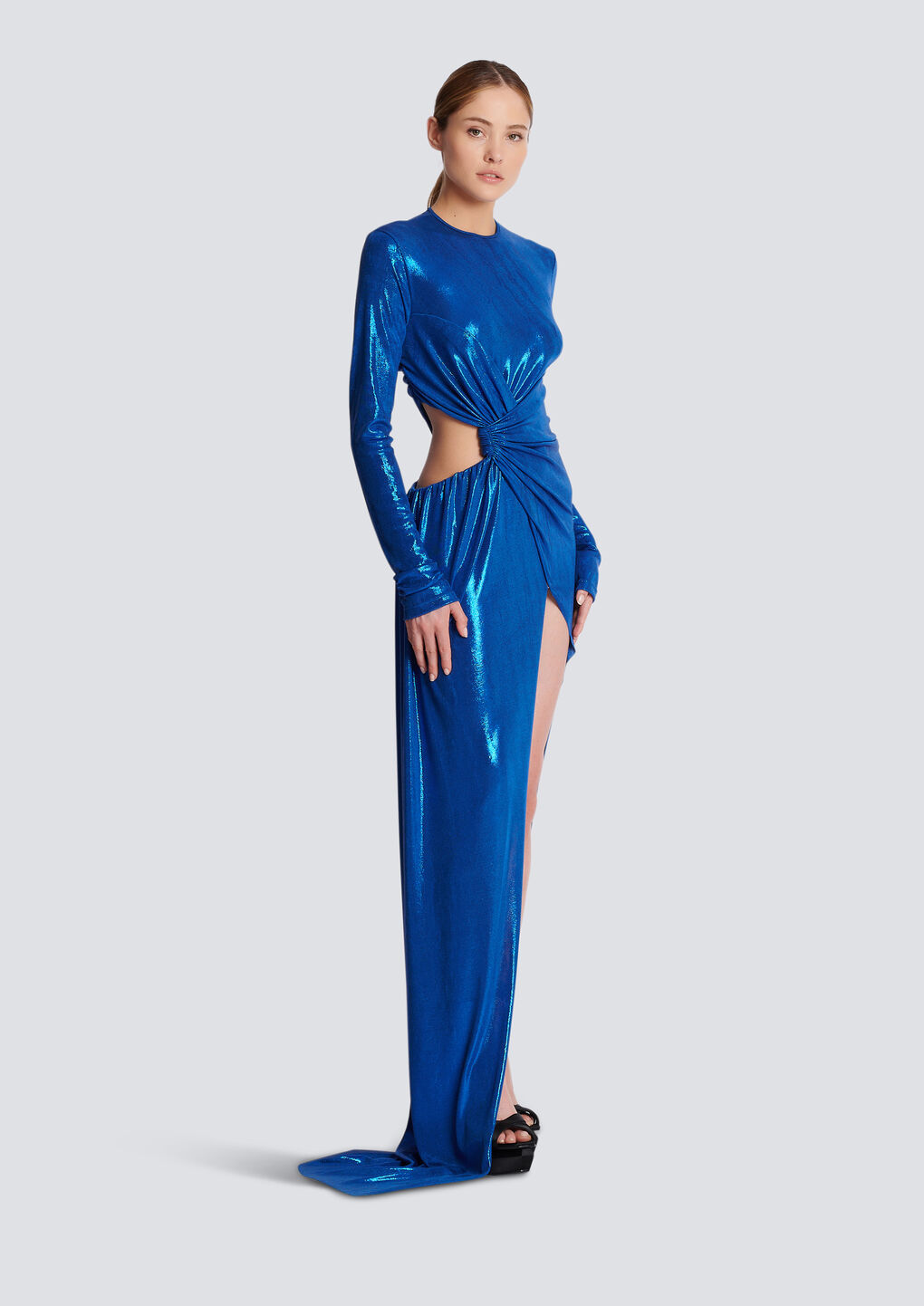 BALMAIN DRAPED JERSEY LAMÉ DRESS