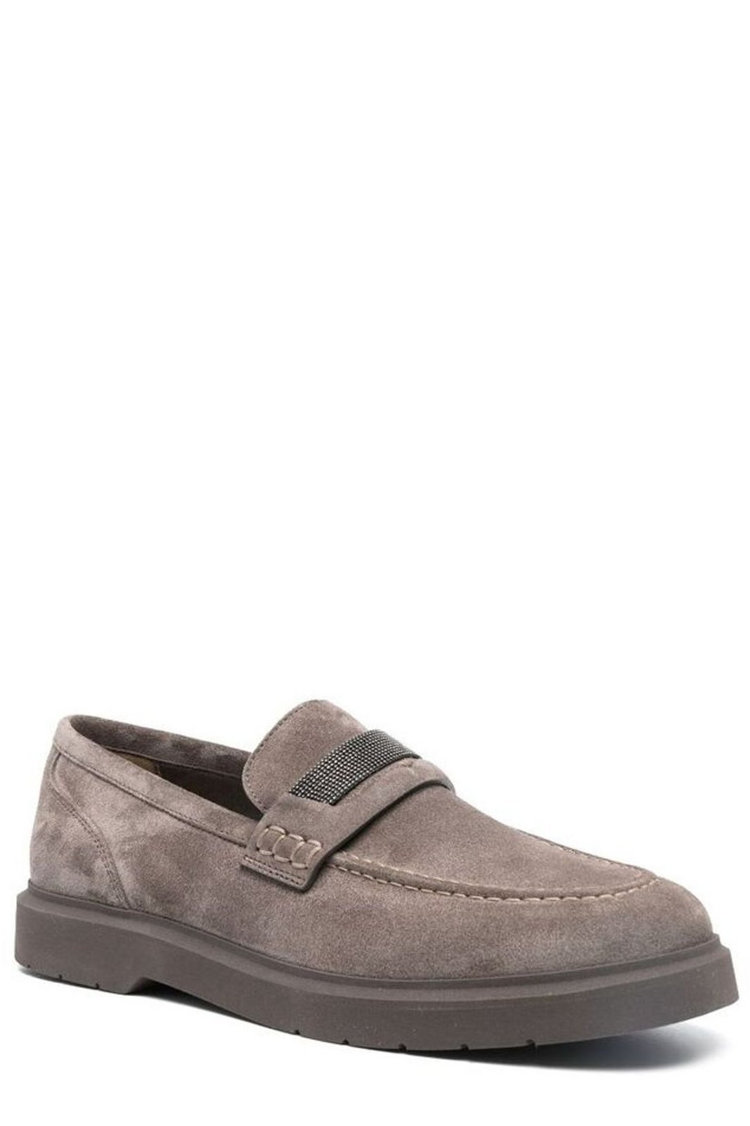 Brunello Cucinelli Beaded Almond Toe Penny Loafers In Gray