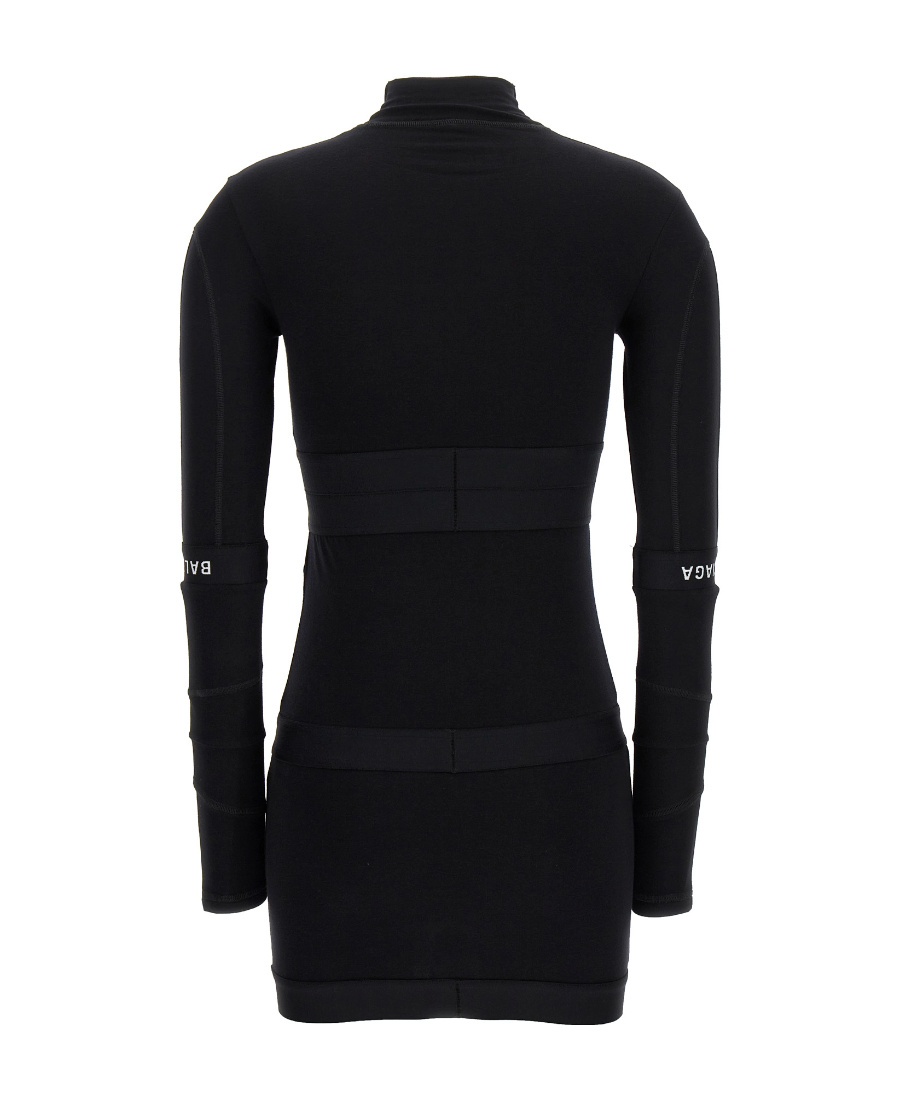 Balenciaga Patched Brief Logo Long Sleeve Stretch Cotton Minidress In Black/white