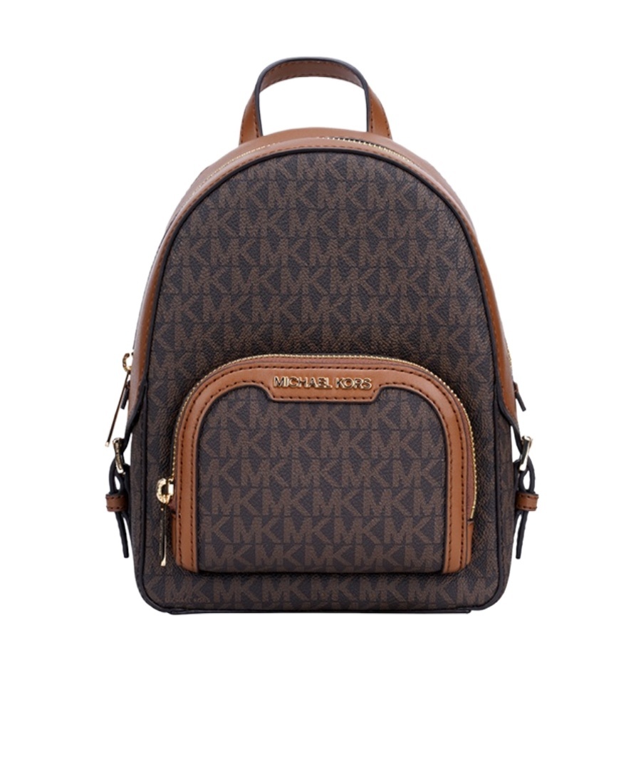 Michael Kors Jaycee Mini Xs Brown Signature Pvc Zip Pocket Shoulder Backpack Bag In Black