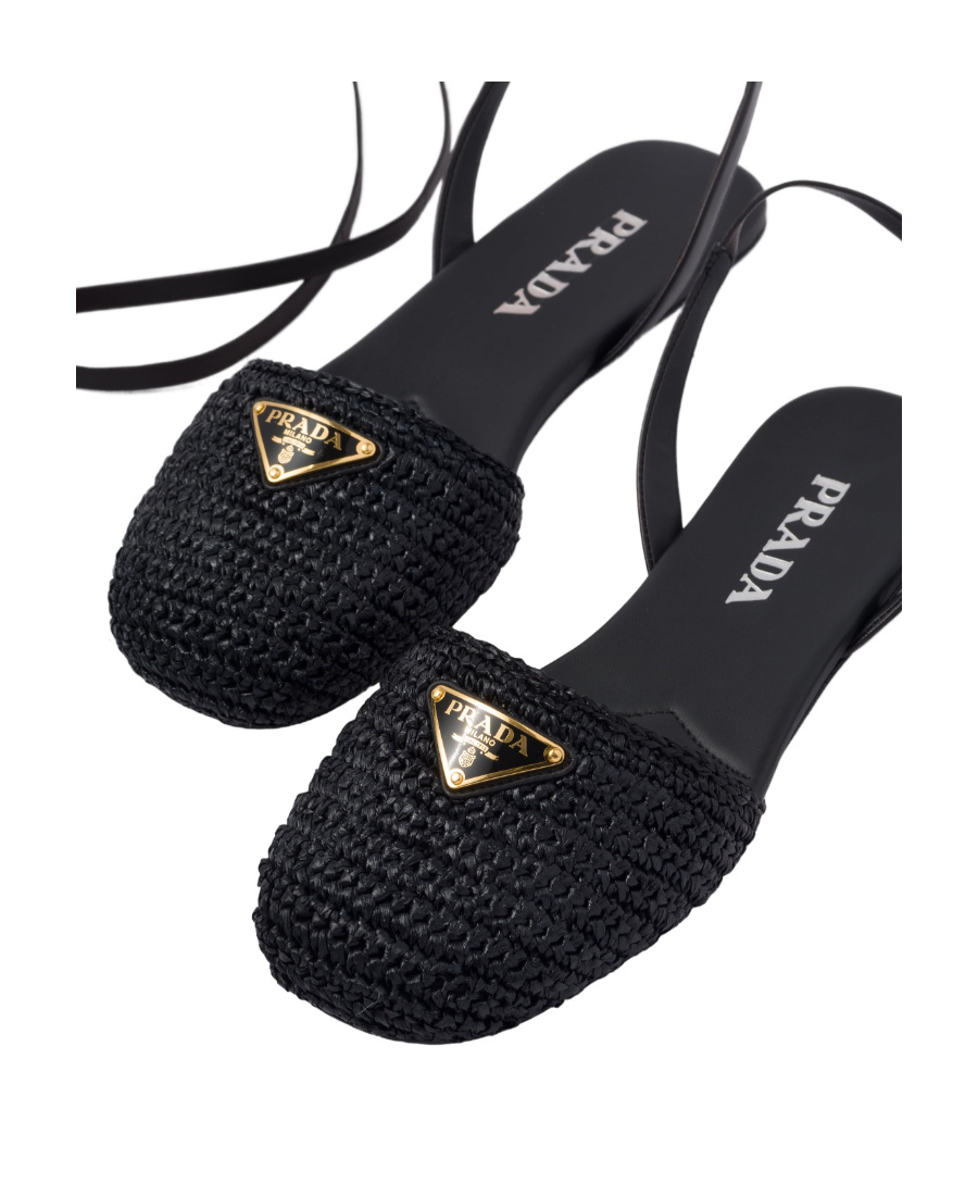 Prada Logo-plaque Woven-raffia Sandals In Black