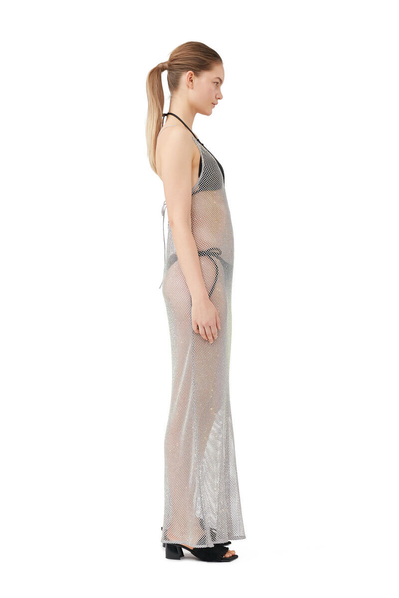 Ganni Crystal-embellished Mesh Dress In Gray