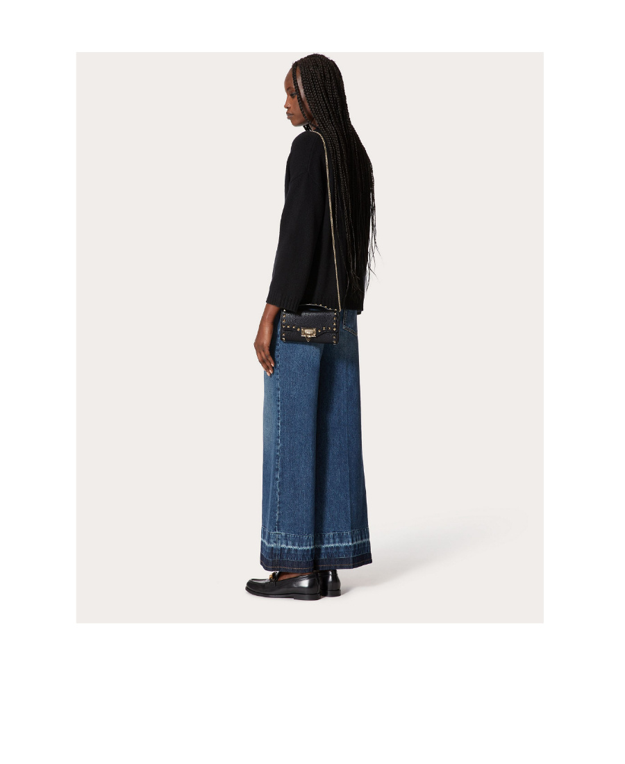 Valentino Garavani Rockstud Grainy Calfskin Wallet With Chain Strap Woman Black Uni In Black