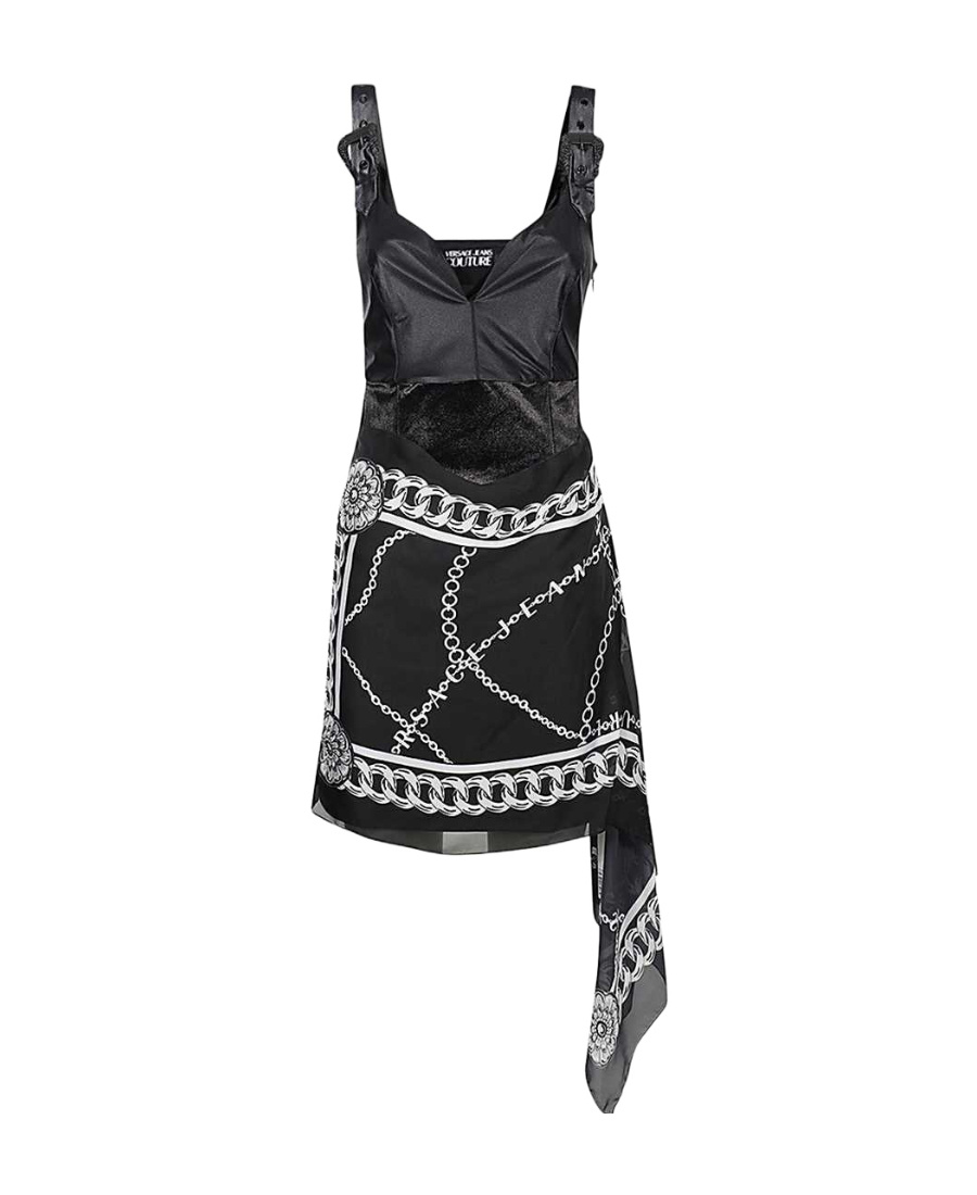 Versace Jeans Chain Link-print Scarf-detail Minidress In Black