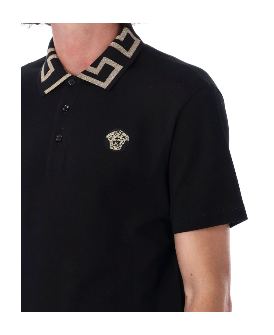 Shop Versace Greca Collar Polo Shirt In Black
