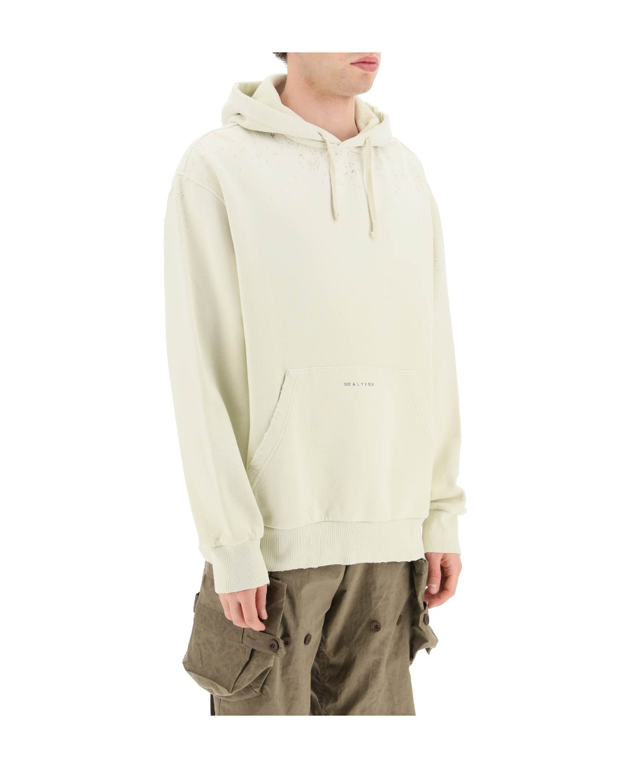 Alyx Distressed Cotton Hoodie With Pouch Pocket In White