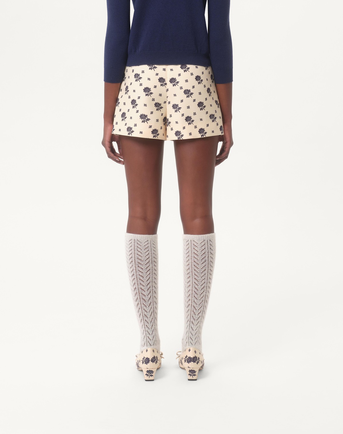 Shop Valentino Shorts In Crepe Couture Fiorellino Blu Papier Floral In Milk/blue