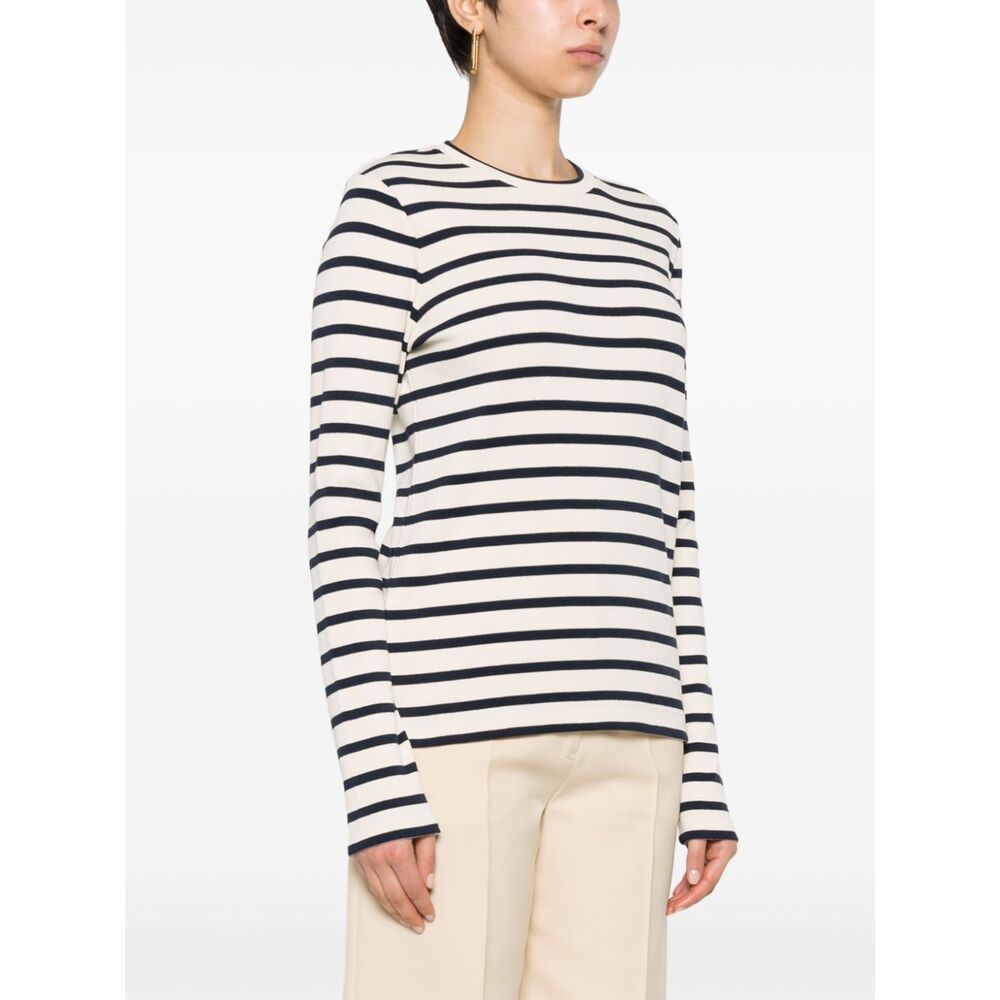 Jil Sander Fine Ribbed Off-white And Black Crew Neck Sweater In White