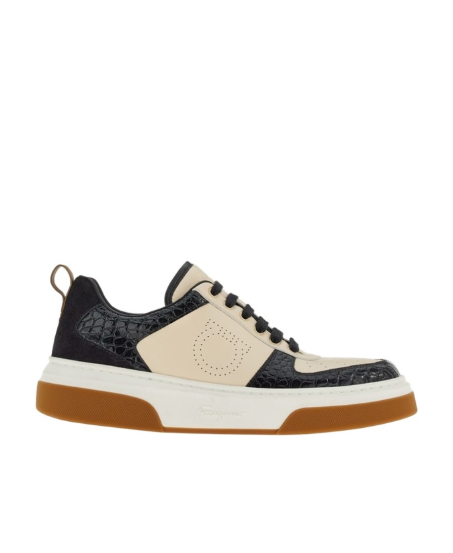 Ferragamo Cassina Smooth And Croc-effect Leather Sneakers In Black