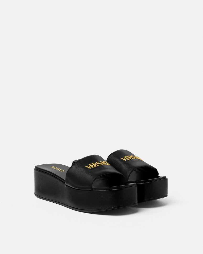 Versace Tag Platform Lambskin Leather Mules In Black
