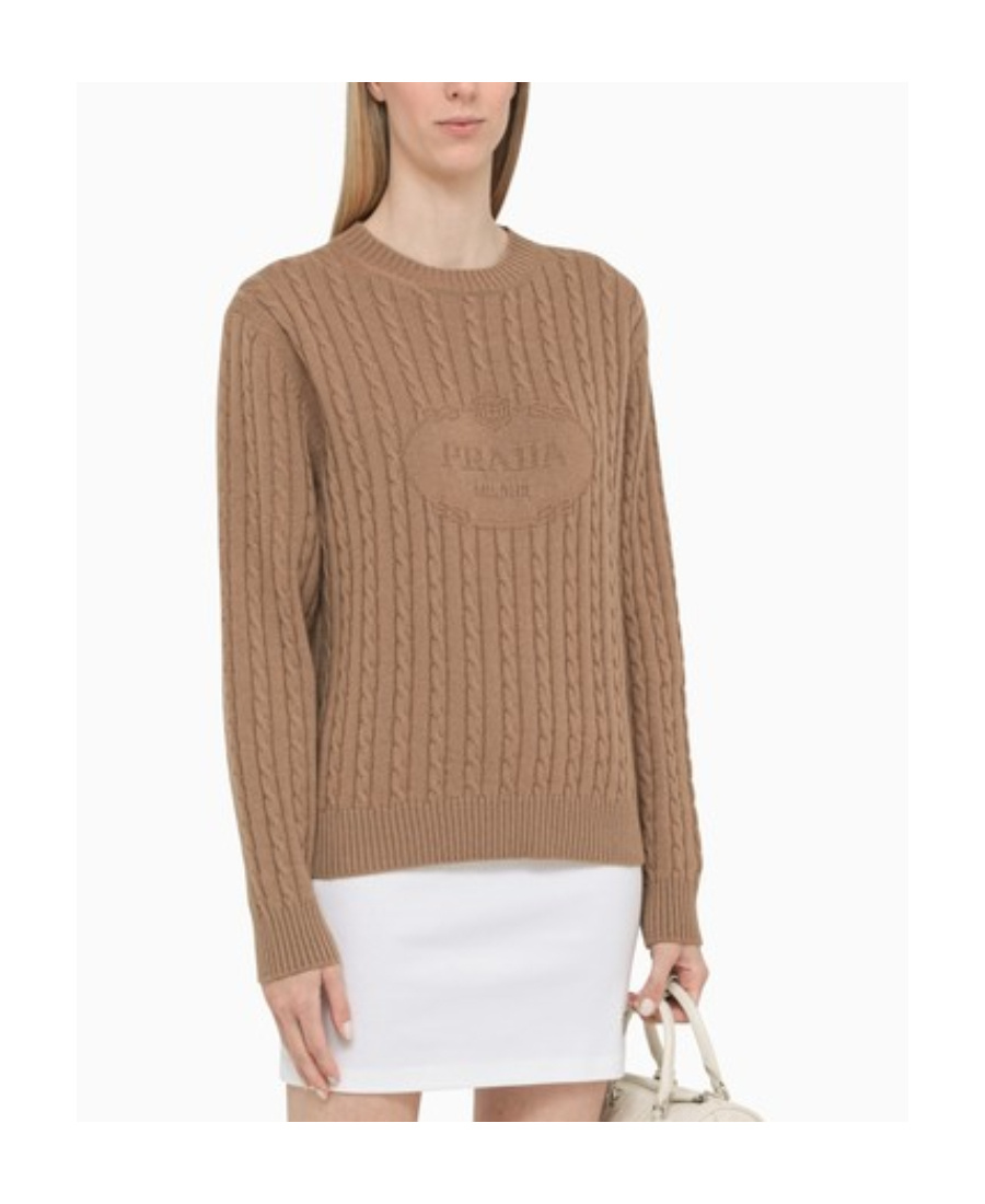 Prada Textured Cable Knit Sweater In Brown