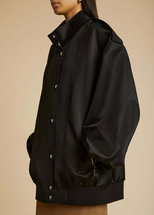 Khaite Farris Oversized Satin-paneled Cotton-blend Mikado Bomber Jacket In Black
