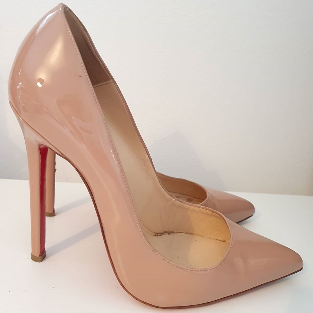 Christian Louboutin Sporty Pointed Toe Patent Pumps In Nude