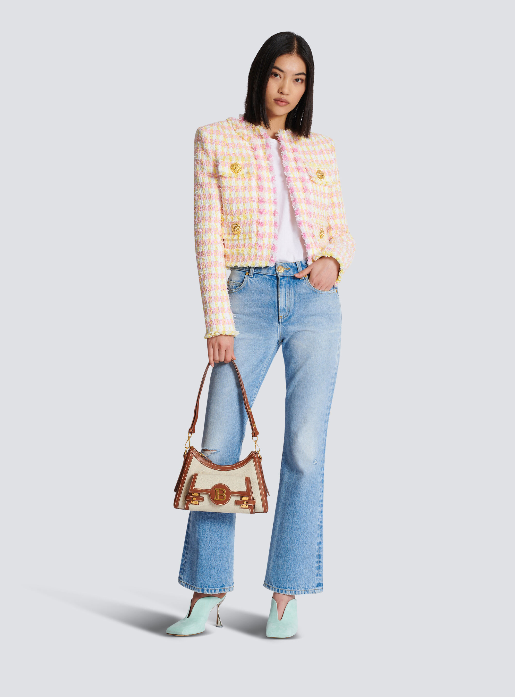 Shop Balmain B-buzz Hobo Bag In Leather And Canvas In Nude