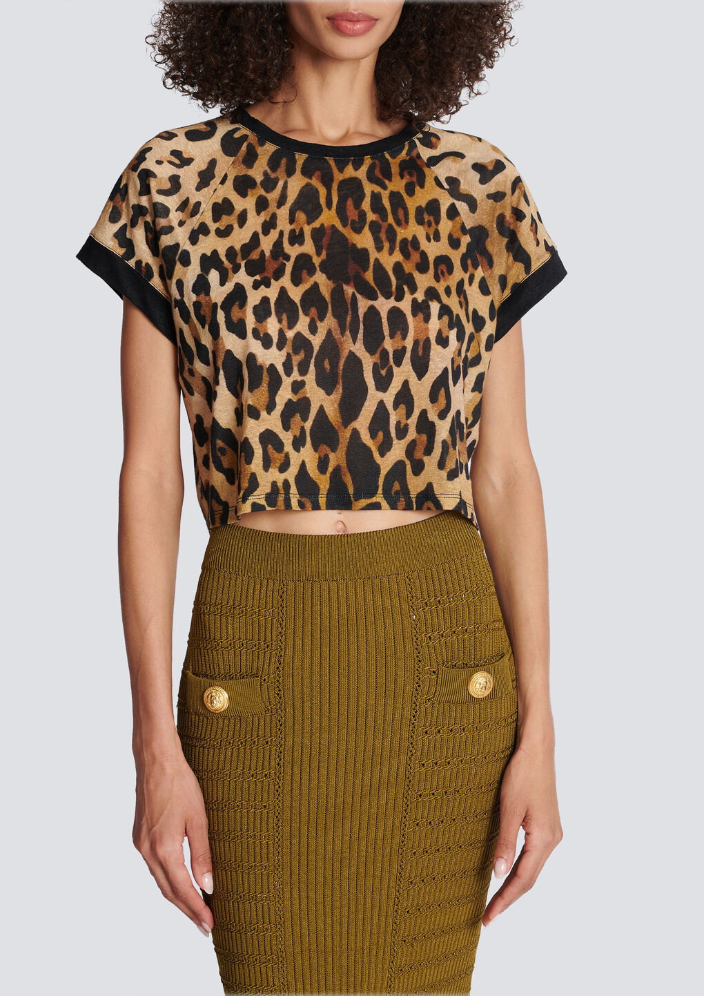 Balmain Leopard-print Cropped T-shirt In Black