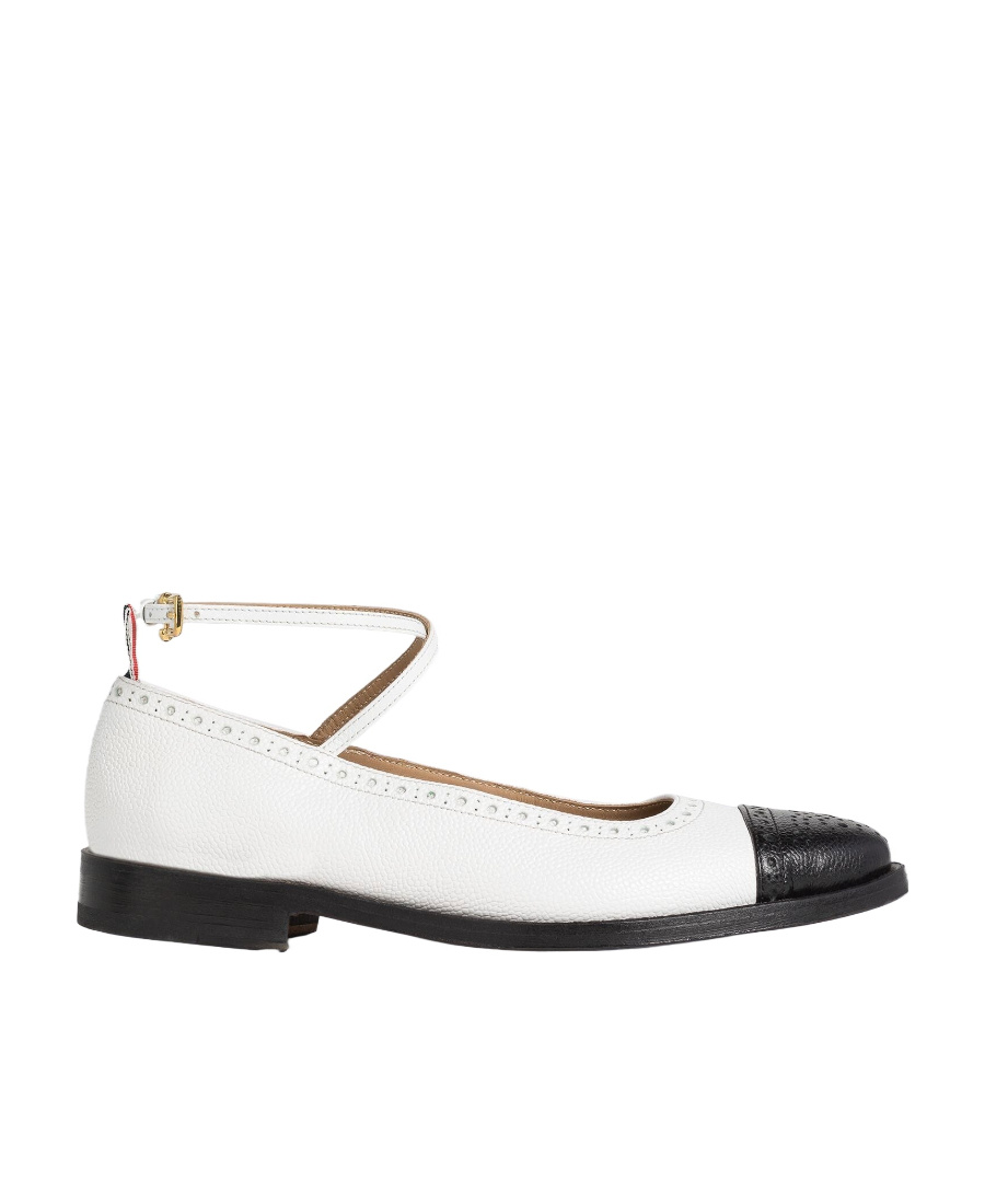 Thom Browne Crossover Strap Leather Flats In White