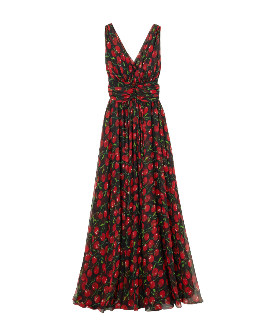 Dolce & Gabbana Long Cherry-print Chiffon Dress In Black