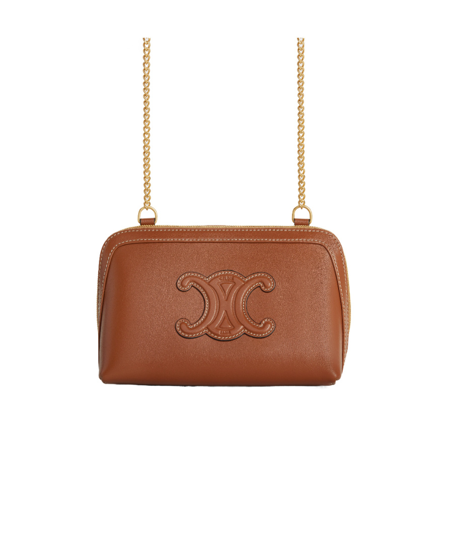 Celine Triomphe Leather Clutch On Chain In Brown