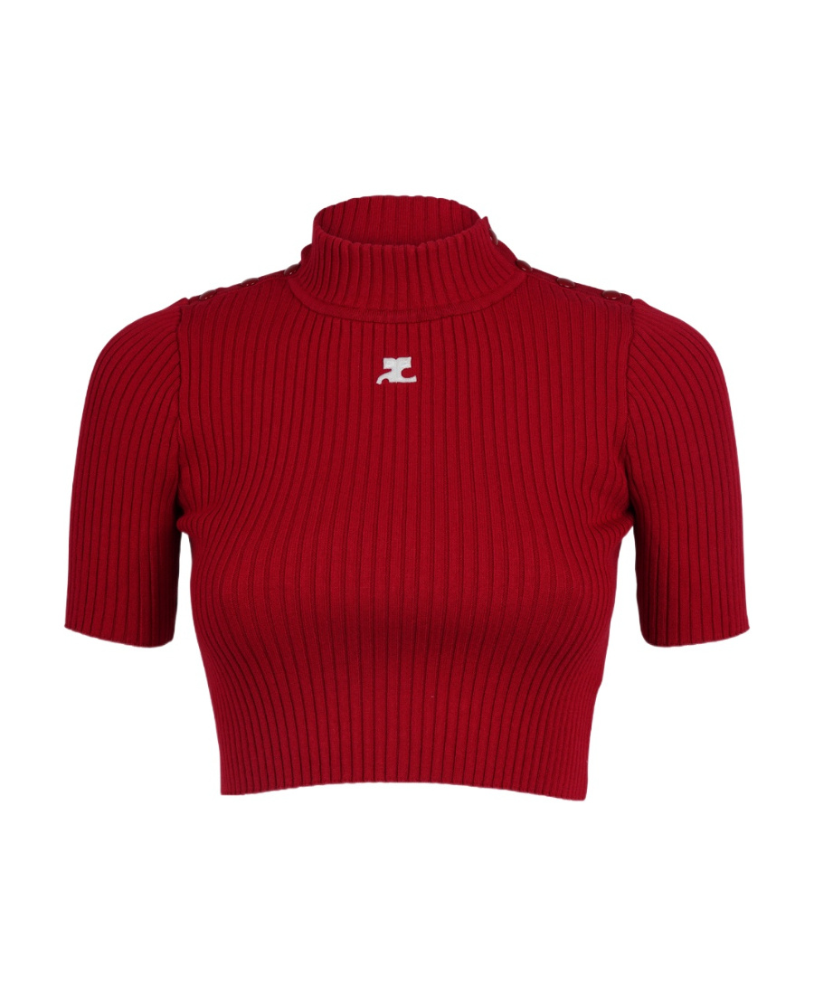 Shop Courrèges Logo-appliqué Cropped Ribbed Jumper In Red