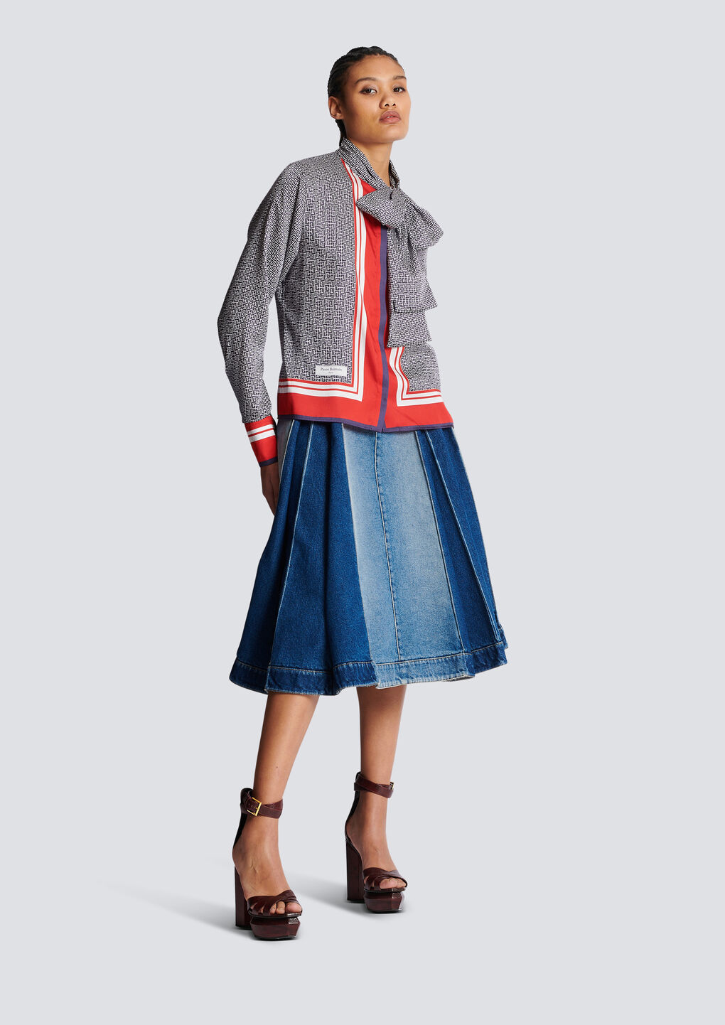 Balmain Pussy-bow Monogram-printed Shirt In Gray