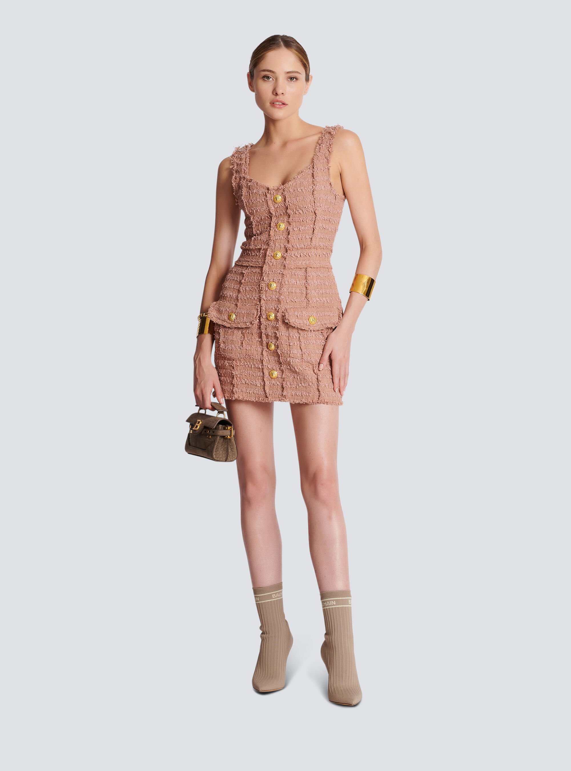 Balmain Button-embossed Strapped Tweed Short Dress In Nude