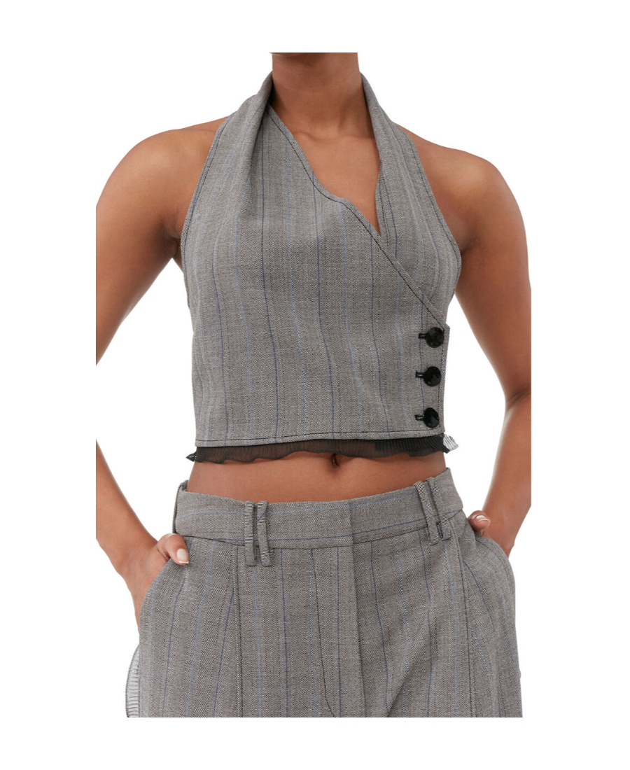 Ganni Herringbone Halter Suiting Vest In Gray