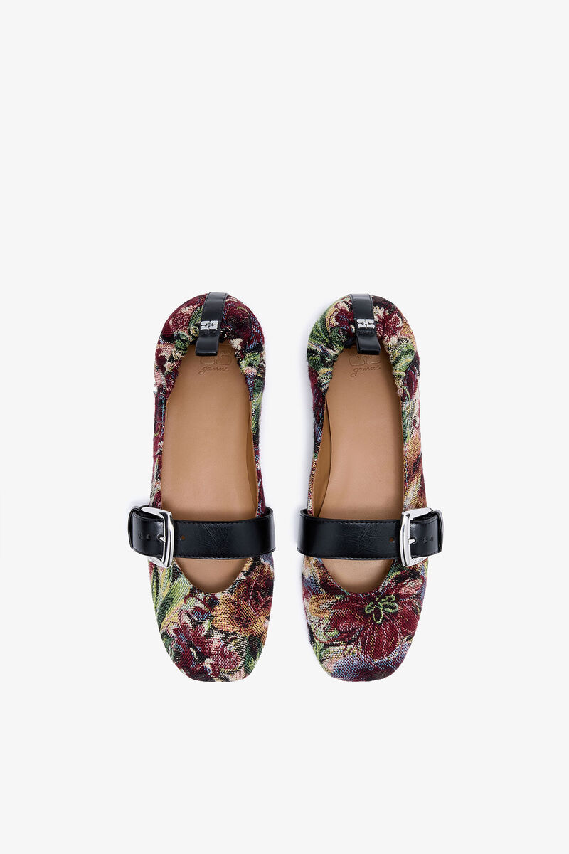 Ganni Tapestry Buckle Strap Ballerinas In Animal Print