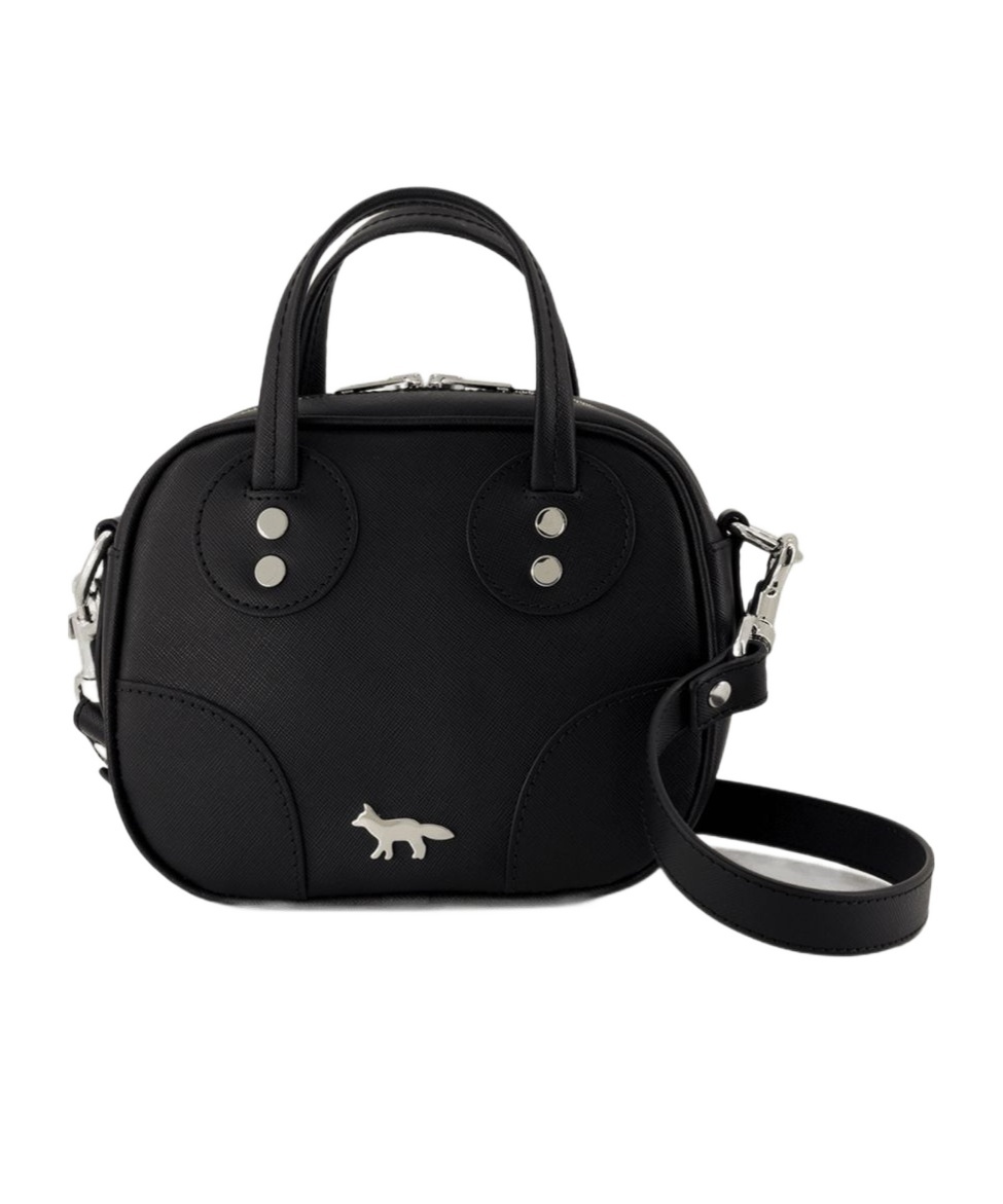 Maison Kitsuné Structured Cowhide Leather Shoulder Bag With Silver-tone Accents In Black