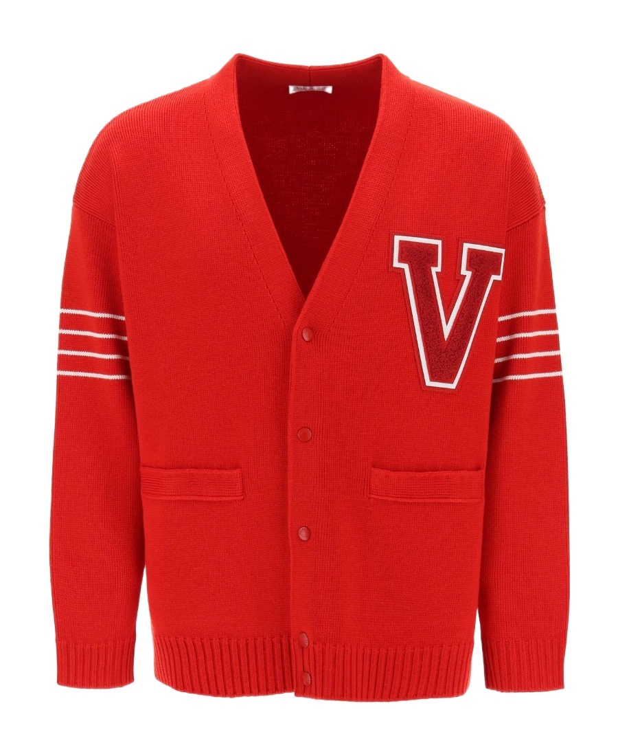 Valentino Garavani Red And White Wool Blend Cardigan In Red