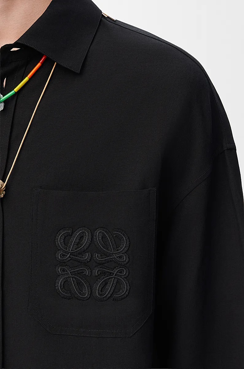 Loewe Mens Brand-embroidery Patch-pocket Long-sleeve Cotton Shirt Black In Black