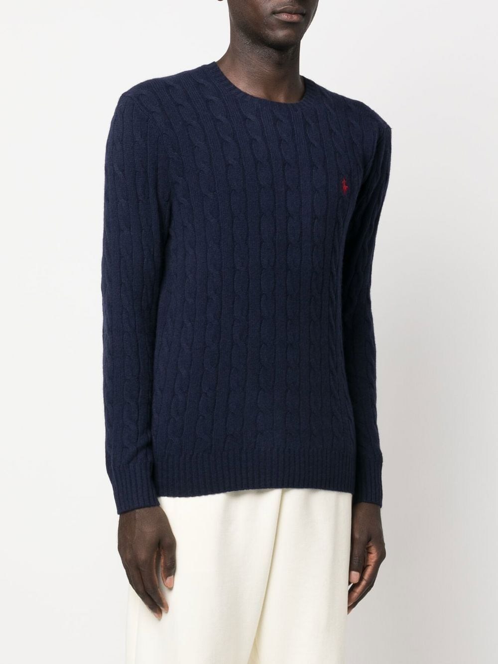 Polo Ralph Lauren Blue Cable Knit Crewneck Sweater With Pony Embroidery On The Front In Wool And Cashmere Man