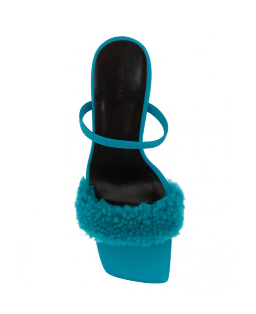Shop By Far Shearling Heeled Sandals In Blue
