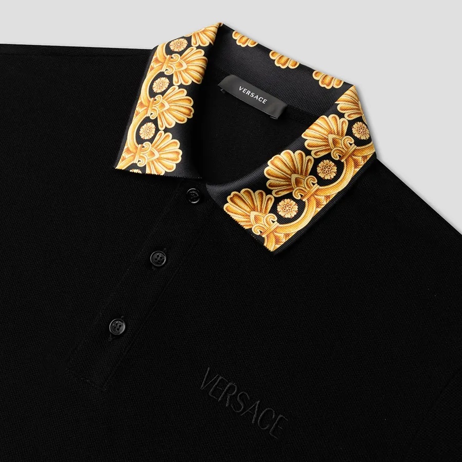 Versace Embroidered Cotton Polo Shirt In Black