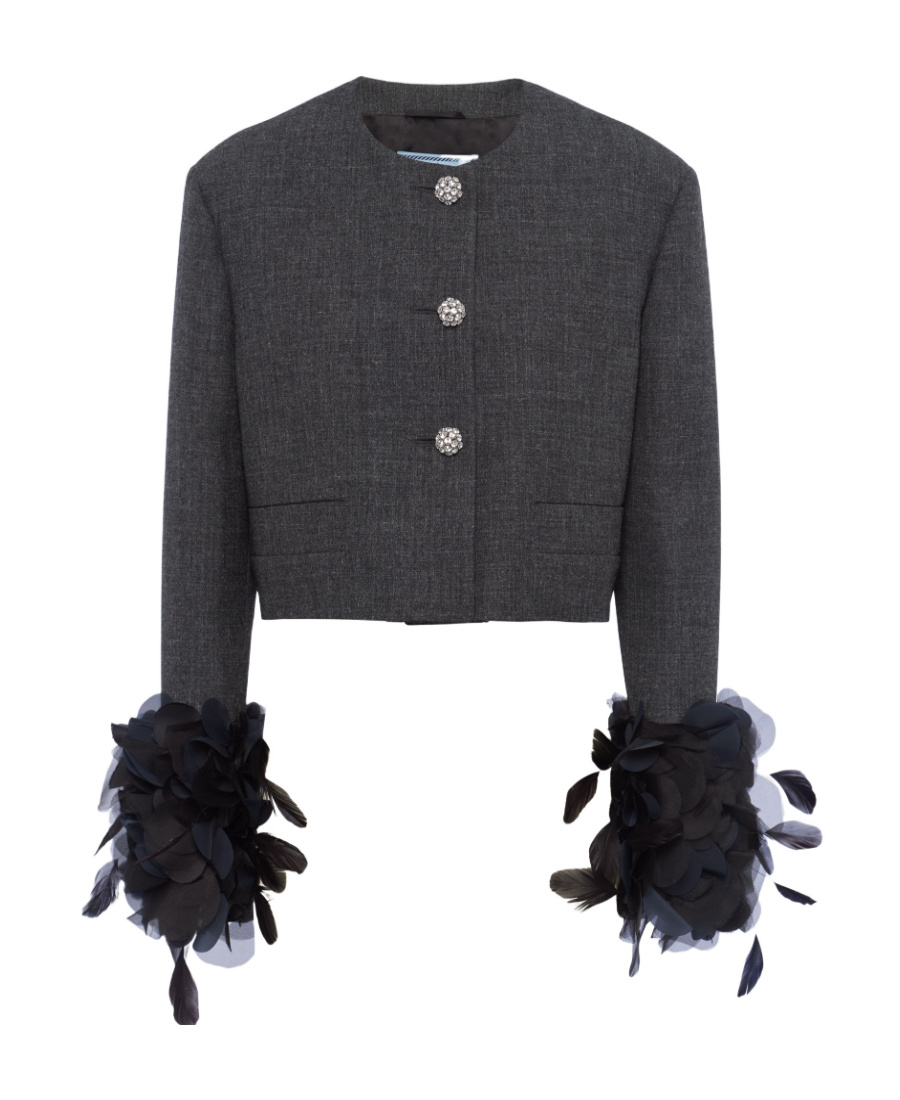 Prada Feather-trimmed Wool Cropped Jacket In Gray