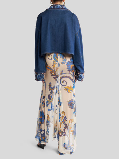 Etro Cropped Jacket With Pearl Embroidery In Navy Blue