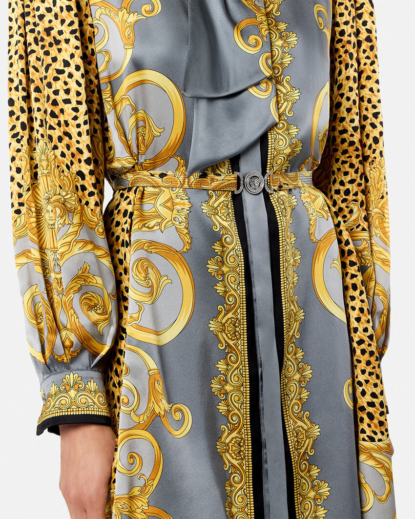 Versace Dress Cheetah Foulard On Silk Crepe Satin Lw Clothing In Gray