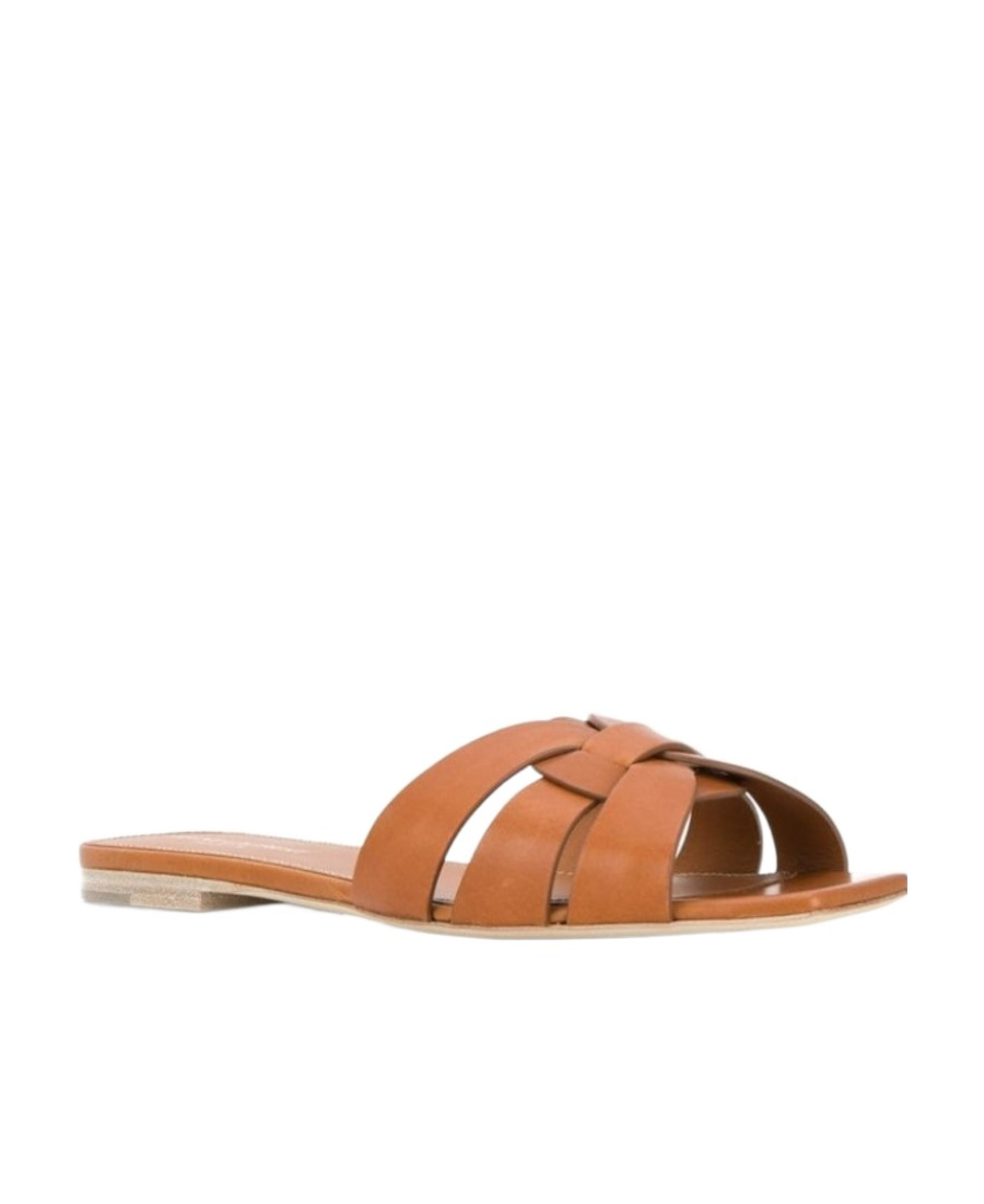 Saint Laurent Woven Leather Sandal Slide In Brown