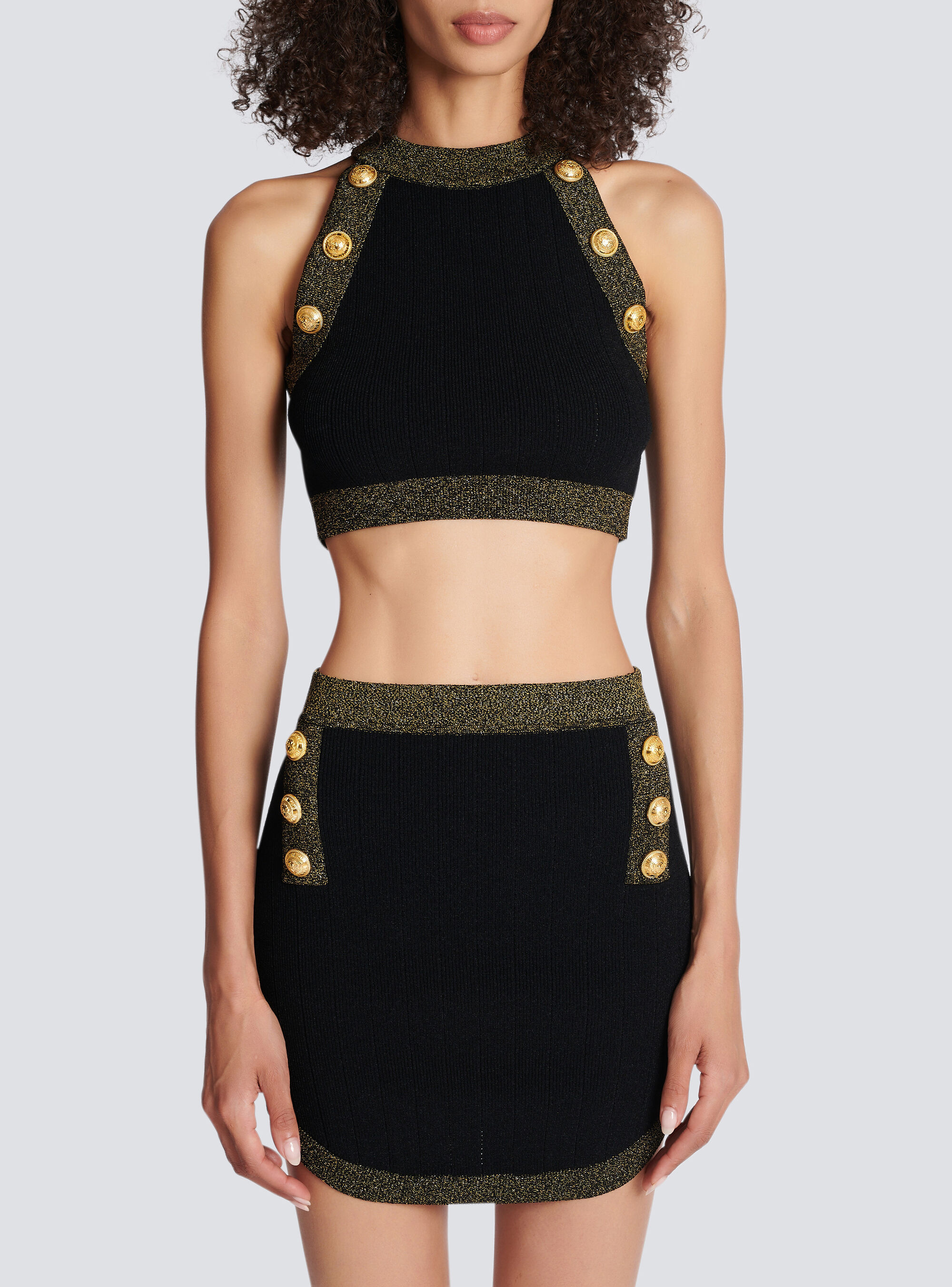 BALMAIN GOLD-TRIMMED KNIT CROP TOP