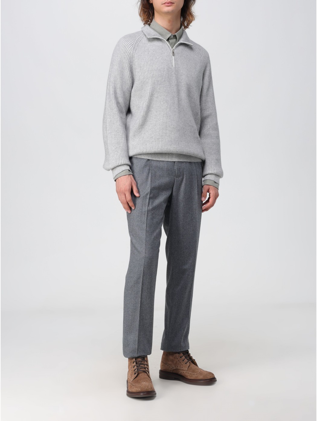 Brunello Cucinelli Ribbed Cashmere Funnel-neck Sweater With Raglan Sleeves In Gray