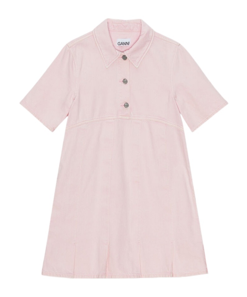 Ganni Pleat-hem Denim Mini Dress In Pink